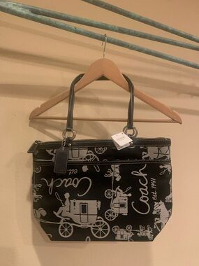 Coach Black and White Logo Coach Canvas Shoulder Bag